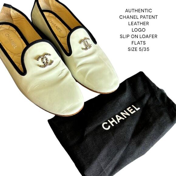 AUTHENTIC CHANEL PATENT LEATHER LOGO SLIP ON LOAFER FLATS SZ. 5/35 - Picture 1 of 11